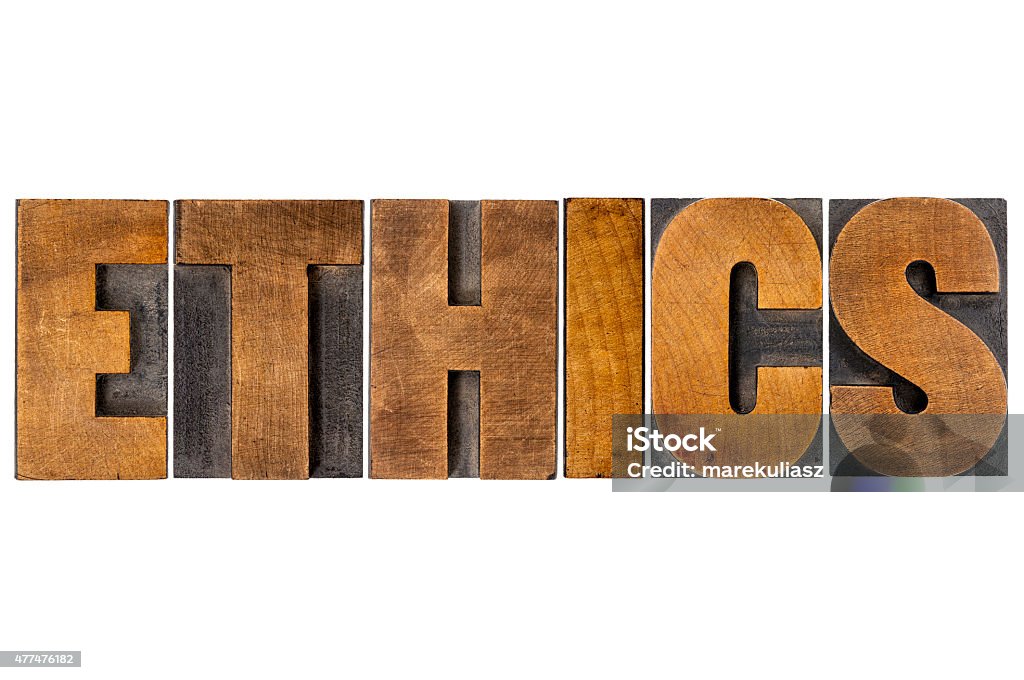 ethics word typography in wood type ethics word typography - isolated text in letterpress wood type printing blocks Letterpress Stock Photo