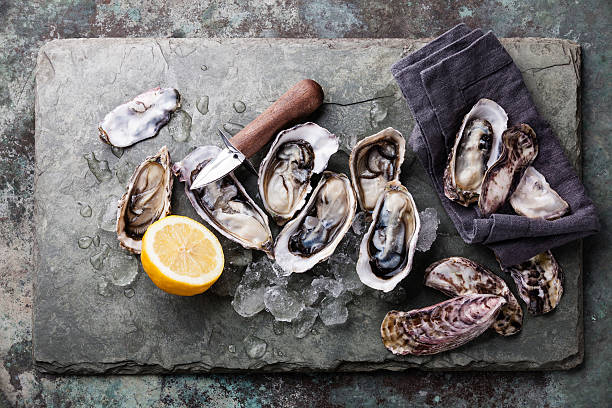 Oysters with ice and lemon stock photo