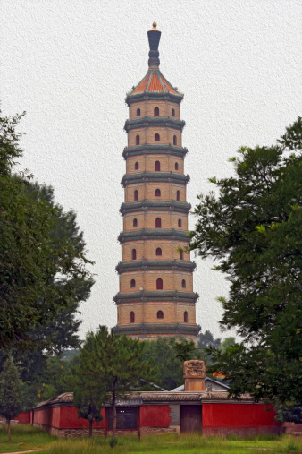 Photo of a gigantic chinese pagoda stylized and filtered to look like an oil painting. Photo depicts the famous White Pagoda in the Summer Palace complex in Chengde, north of Beijing.