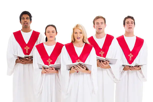 church choir singing from hymnal isolated on white background