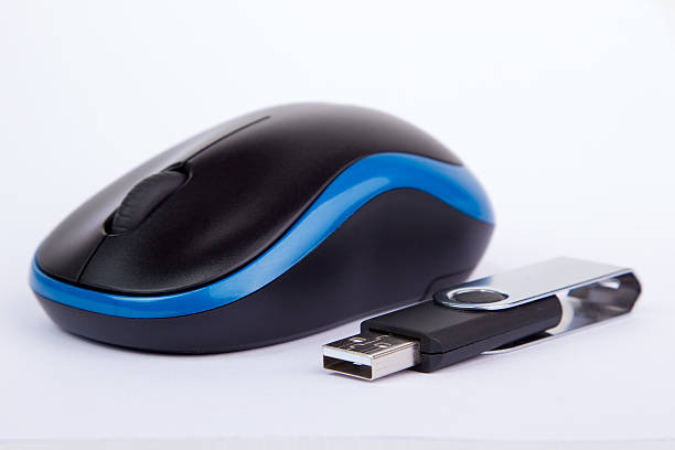 Black blue computer mouse with an usb stick stock photo