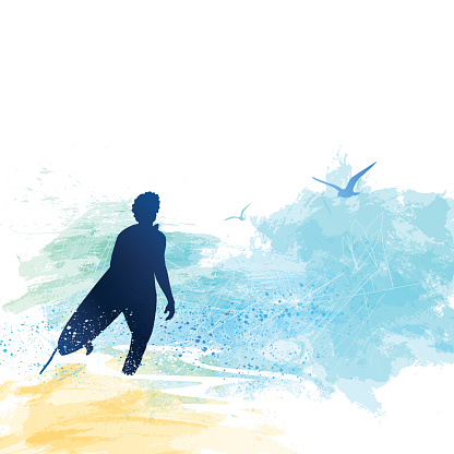 Watercolor illustration with nostagic young surfer waiting for good wave. 