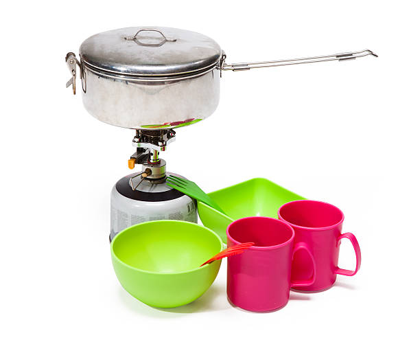 istock Cooking tourist equipment during camping on white background 477497530