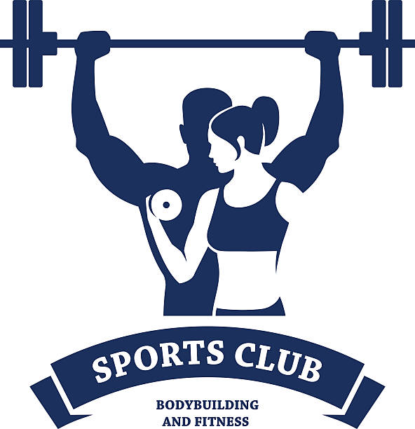 Fitness and Bodybuilding Club Abstract graphic illustration with silhouettes of man with barbell and woman with dumbbell as a design for logo, banner or poster for bodybuilding or fitness club. Isolated on white background. strong woman silhouette stock illustrations