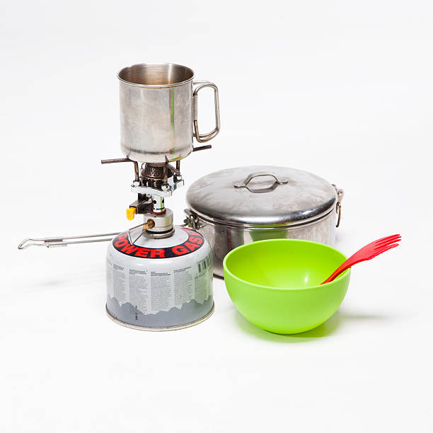 istock Cooking tourist equipment during camping on white background 477497996