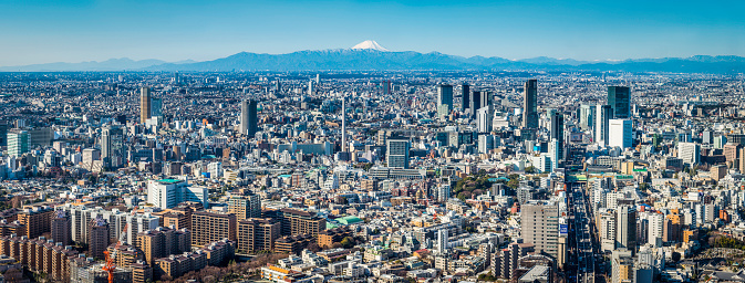 The iconic snow capped cone of Mt. Fuji overlooking the crowded cityscape and skyscrapers of downtown Tokyo, Japan's vibrant capital city. ProPhoto RGB profile for maximum color fidelity and gamut.