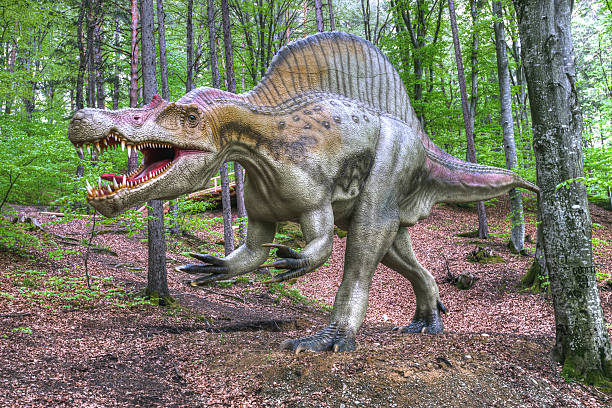 The lost world - dinosaurs forest. Boy fighting a dinosaur stock photo