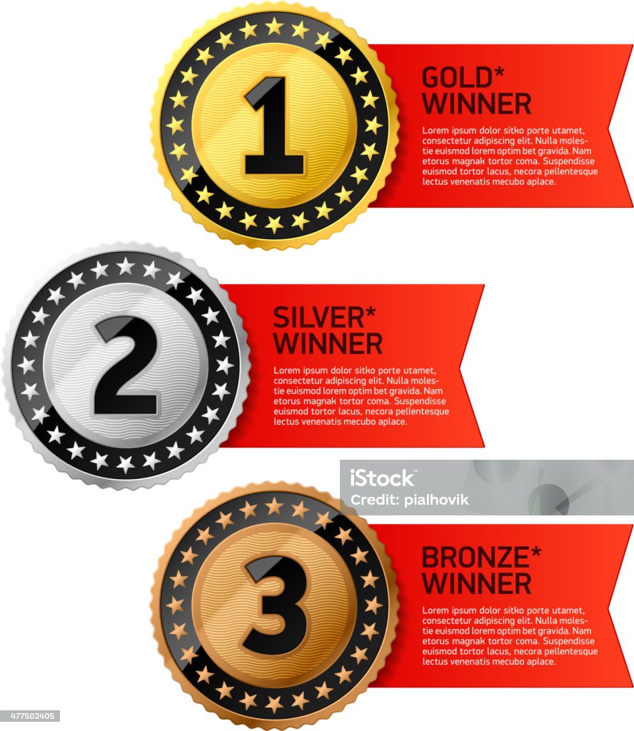 Oro, argento e bronzo i vincitori di medaglie - arte vettoriale royalty-free di Medaglia d'oro