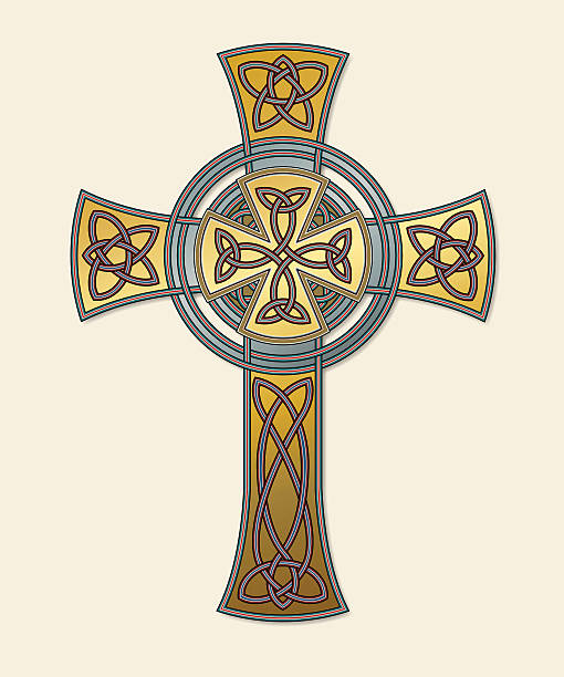 кельтский крест в gold (через плечо с узлом изменение n ° 7 - celtic culture tied knot northern ireland cross stock illustrations