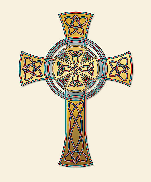 Celtic cross in gold (Knotted cross variation n° 7) Celtic cross in gold and silver on chamois background. The ornate is based on the traditional Celtic cross shape with a circle in the crossing centre and the structure of an endless knot. intertwined letters stock illustrations