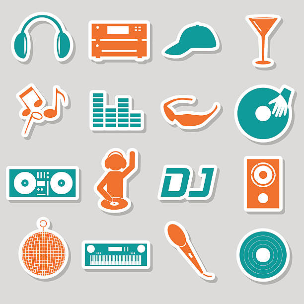 illustrazioni stock, clip art, cartoni animati e icone di tendenza di club di musica dj set di adesivi di colore semplice eps10 - dj disco ball