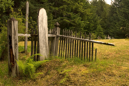 Wooden headstone in an old Russian cemetary near Cordova, Alaska