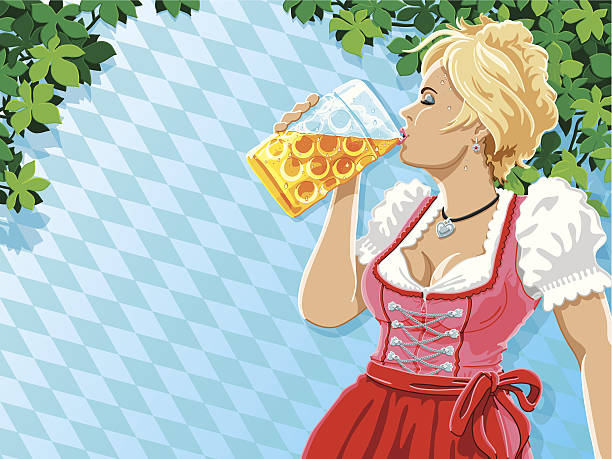 Munich Beer Fest Woman Drinking Beer Bavarian Pattern Vector Illustration of a beautiful bavarian woman, who is drinking Beer. She is wearing a traditional Dirndl. The woman, the leaves and the background pattern are on separate layers. The colors in the .eps-file are ready for print (CMYK). Transparencies used. Included files: EPS (v10) and Hi-Res JPG. pics of dirndl skirt stock illustrations