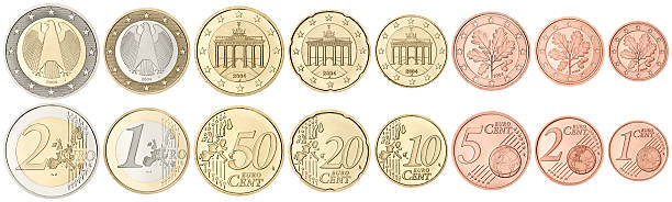 set di monete in euro su sfondo bianco - european union coin one euro coin one euro cent coin foto e immagini stock