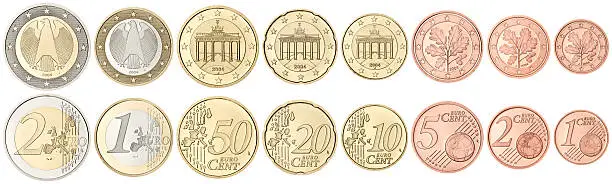 Set of Euro coins in excellent condition, isolated on white