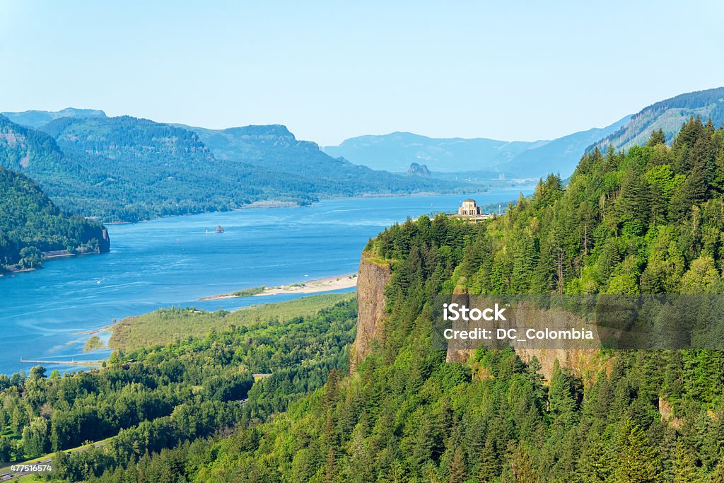 Columbia River Gorge View Looking down the Columbia River Gorge with Vista House visible on the hill Columbia River Gorge Stock Photo