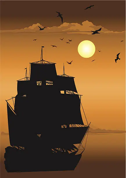 Vector illustration of Majestic Pirate Sailing Ship at Sea