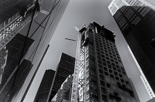 close up view of black and white tall buildings in the city for background