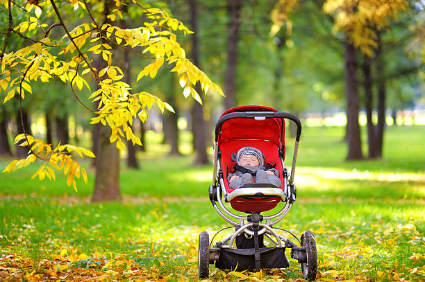 Baby sleeping in stroller at the park Sweet little baby boy sleeping in stroller in autumn park sleeping in stroller stock pictures, royalty-free photos & images