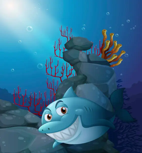 Vector illustration of smiling shark under the sea near rocks