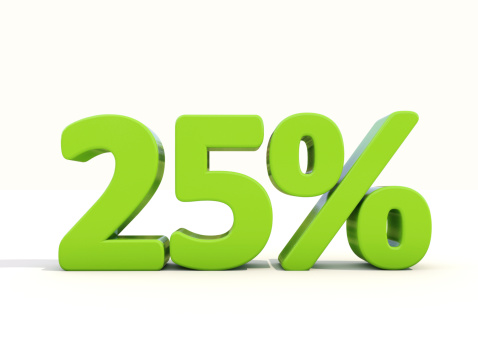 Twenty five percent off. Discount 25%. 3D illustration.