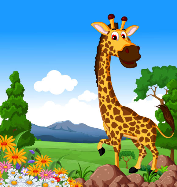 niedliche giraffe comic in den dschungel - animal animal neck cute safari animals stock-grafiken, -clipart, -cartoons und -symbole