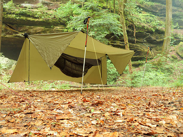 Camping hammock under tarp stock photo
