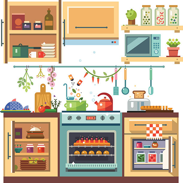 illustrations, cliparts, dessins animés et icônes de maison des ustensiles de cuisine - four objects apple fruit color image