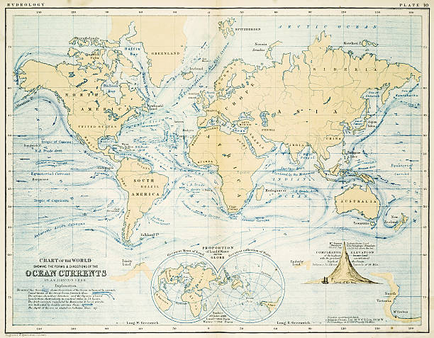 ocean currents karte 1861 - map world map globe old stock-grafiken, -clipart, -cartoons und -symbole