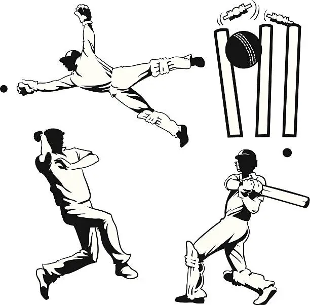 Vector illustration of Four Drawings of Cricket Players