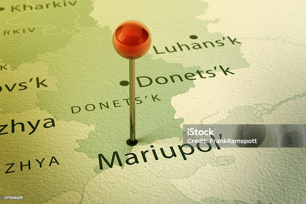 Mariupol Map City Straight Pin Vintage 3D Render of a Straight Pin at the Position of the City of Mariupol on a Map of Ukraine. Vintage Color Style. Very high resolution available! Mariupol Stock Photo