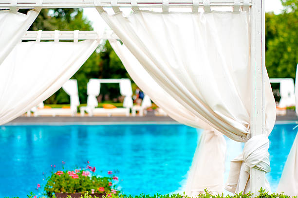 istock beach front relaxing sunbeds inside tent with fancy pool backgro 477545477