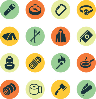 Outdoor gear icons on colored circles.  File Type - EPS 10