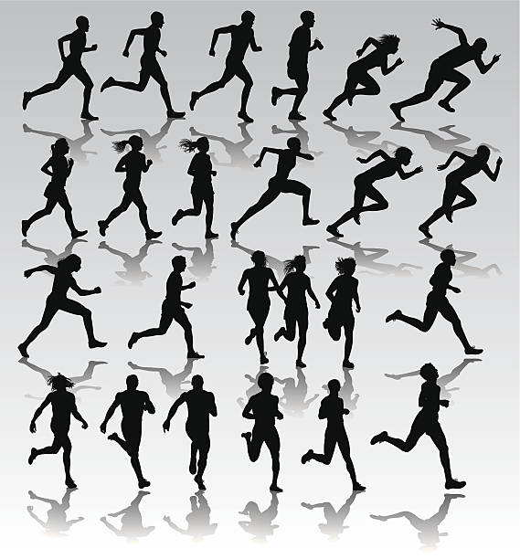 선반레일, 조깅, sprinters-male 및 female - silhouette jogging running backgrounds stock illustrations