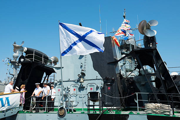 Sevastopol, Crimea, Ukraine - July 28, 2013: The Russian naval ensign flies from the stern of the \