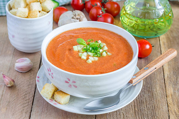 istock Cold tomato soup gazpacho in a bowl with croutons 477548720