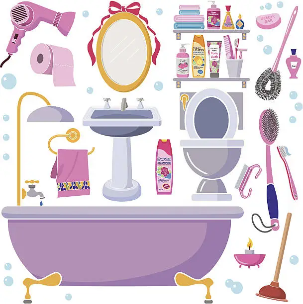 Vector illustration of women's bathroom design elements