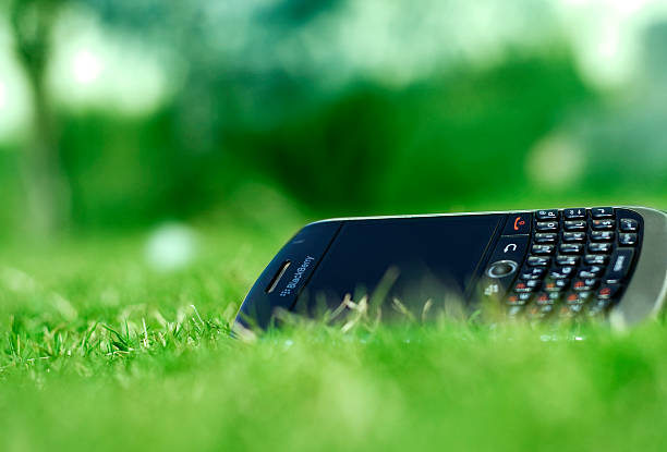 New Delhi, India – November 30, 2010: Blackberry Curve 8900 Smartphone Close up Lying Dawn in Park on Grass Close up View Landscape.