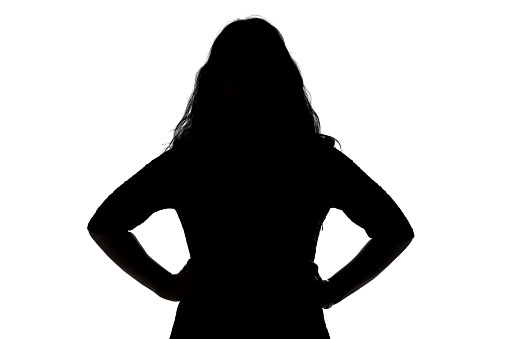 Silhouette of angry woman on white background