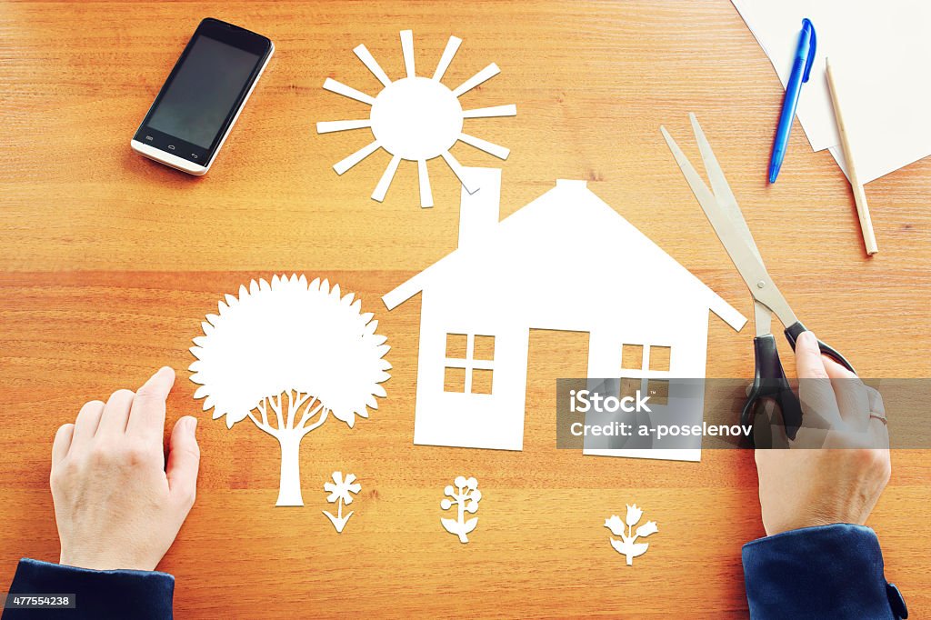 Woman dreaming about big house in countryside Woman dreaming about big house in countryside. Abstract conceptual image 2015 Stock Photo