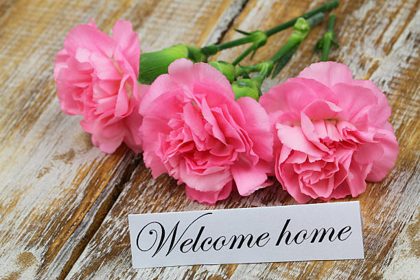 istock Welcome home card with pink carnation flowers 477554428