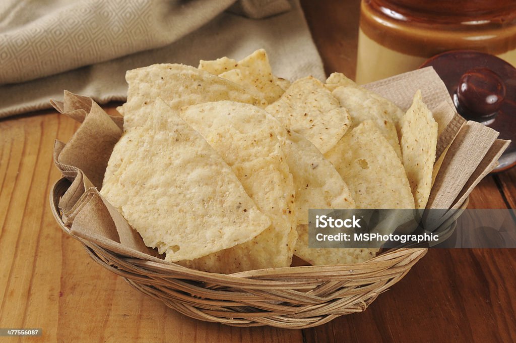 Restaurant Style Tortilla Chips Restaurant style fried tortilla chips in a small basket with a salsa container Basket Stock Photo