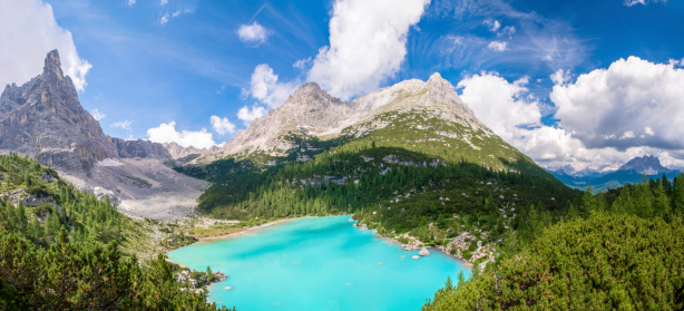 Panoramic view of Lake Sorapiss, faboulous landscape of Dolomites - Italy.