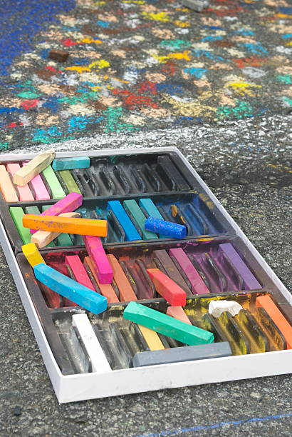 istock Colorful soft pastel crayons with sidewalk art on asphalt. 477557252