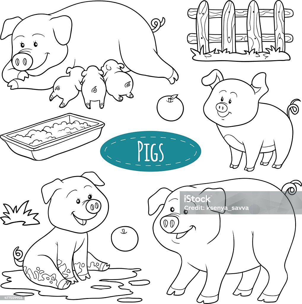 Set of cute farm animals and objects, vector family pigs Pig stock vector