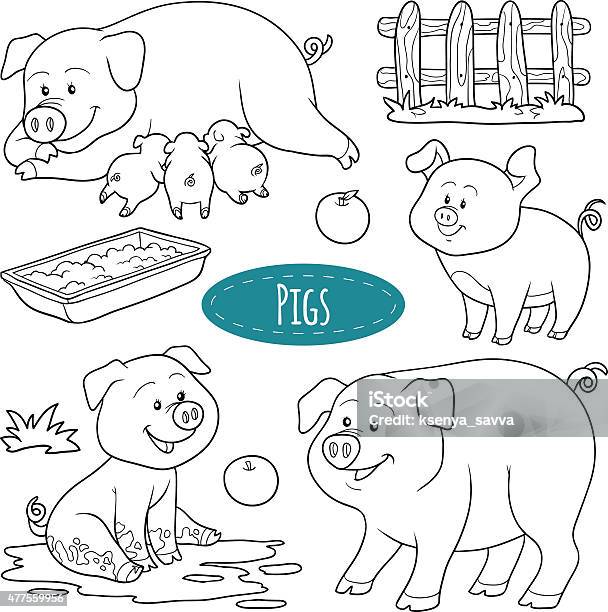 Set Of Cute Farm Animals And Objects Vector Family Pigs Stock Illustration - Download Image Now