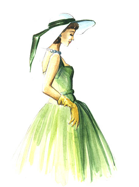 style "new look" 1950s History of fashion, clothing worn by fashionable women in the 1950's.Watercolor painting. haute couture stock illustrations