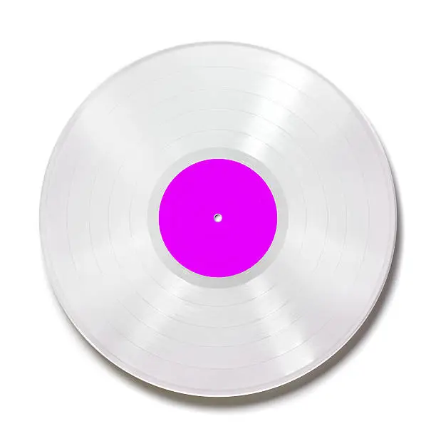Vinyl record with pink label isolated on white
