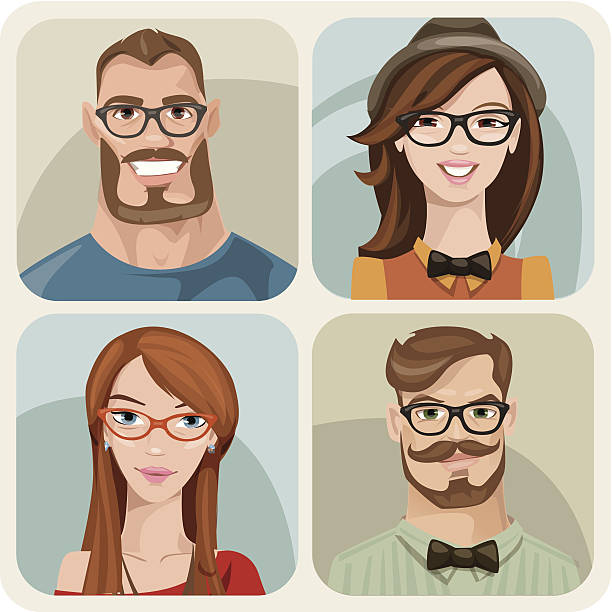 Four portraits of hipsters. Male and female. Vector set of four portraits of hipster girls and men. long beard stock illustrations