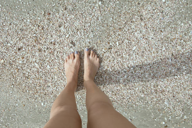 istock women's feet in the sand and shells 477562822
